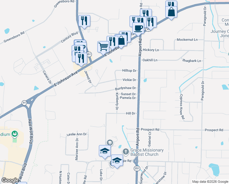 map of restaurants, bars, coffee shops, grocery stores, and more near 3800 Burdyshaw Drive in Jonesboro