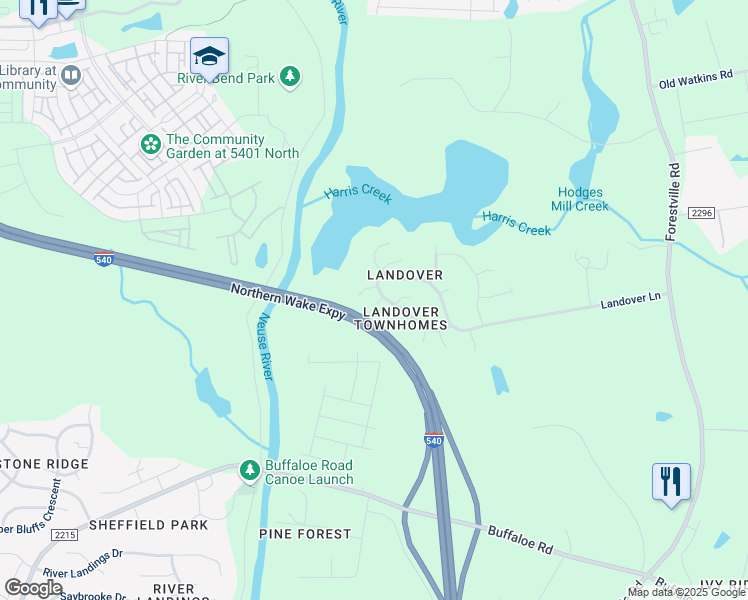 map of restaurants, bars, coffee shops, grocery stores, and more near 4808 Landover Keep Place in Raleigh
