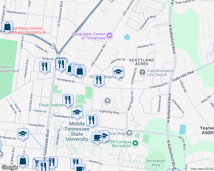map of restaurants, bars, coffee shops, grocery stores, and more near 1703 Greenland Drive in Murfreesboro