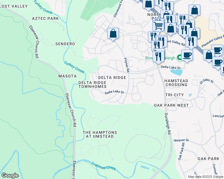 map of restaurants, bars, coffee shops, grocery stores, and more near 5021 Delta Lake Drive in Raleigh