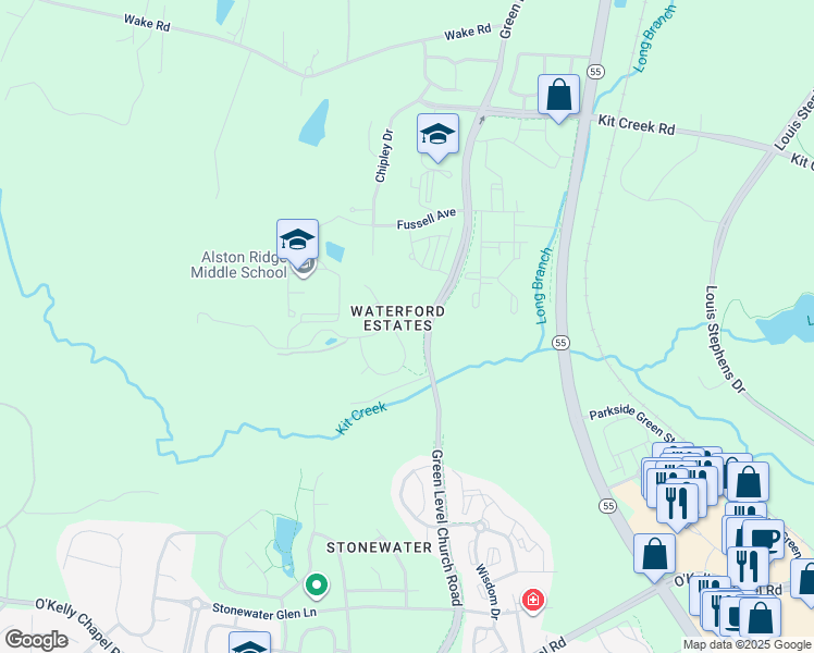 map of restaurants, bars, coffee shops, grocery stores, and more near 59 Winding Pine Trail in Cary