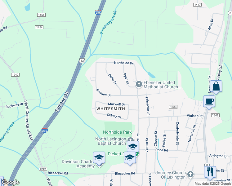 map of restaurants, bars, coffee shops, grocery stores, and more near 202 Bremen Drive in Lexington