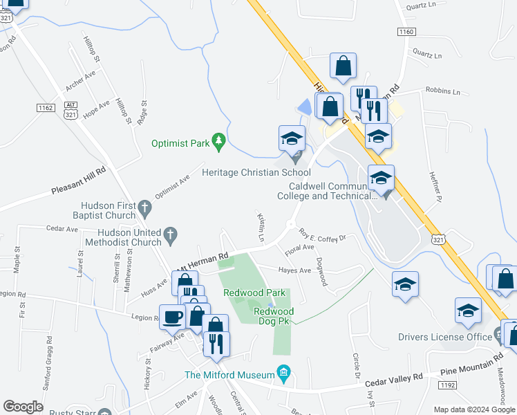 map of restaurants, bars, coffee shops, grocery stores, and more near 301 Kristin Lane in Hudson