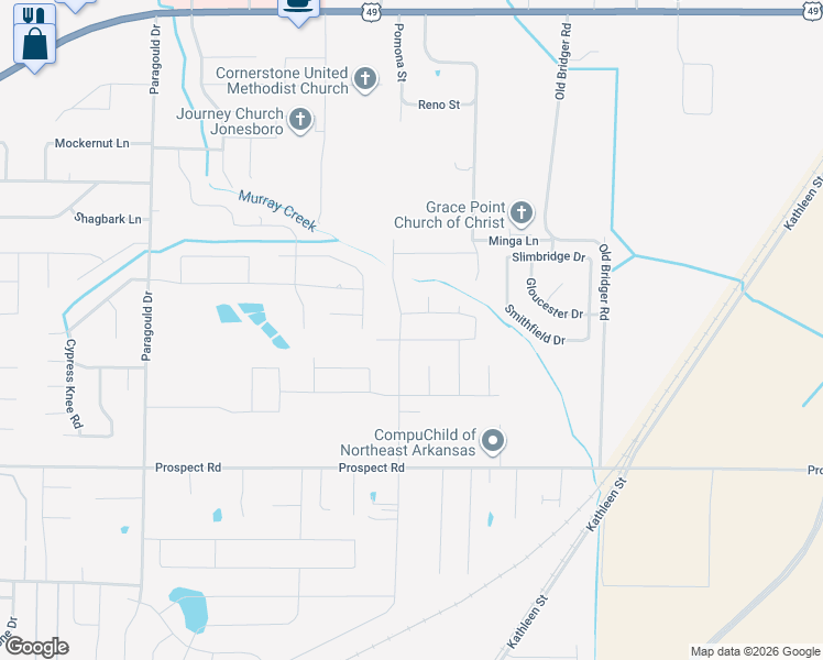 map of restaurants, bars, coffee shops, grocery stores, and more near 5301 Minga Lane in Jonesboro
