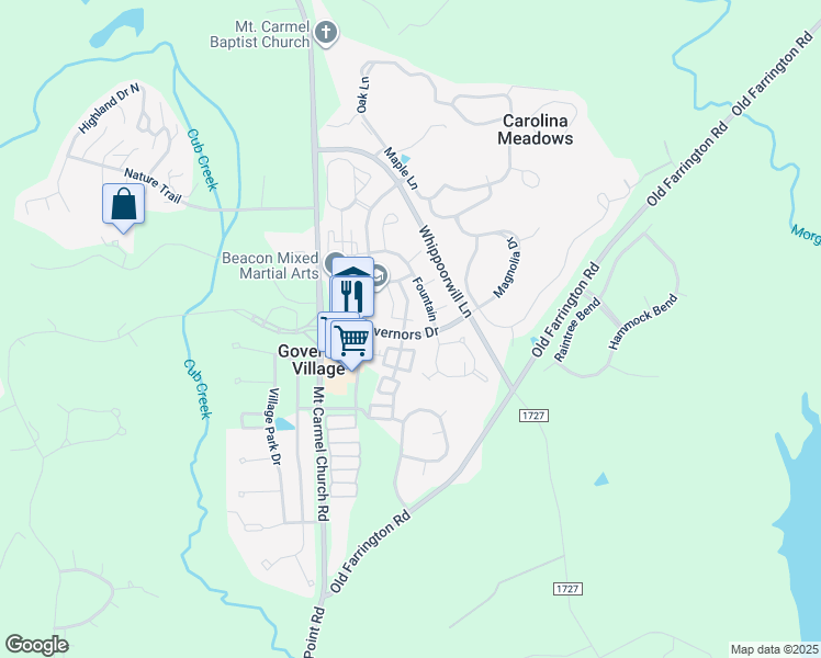 map of restaurants, bars, coffee shops, grocery stores, and more near 50405 Governors Drive in Chapel Hill