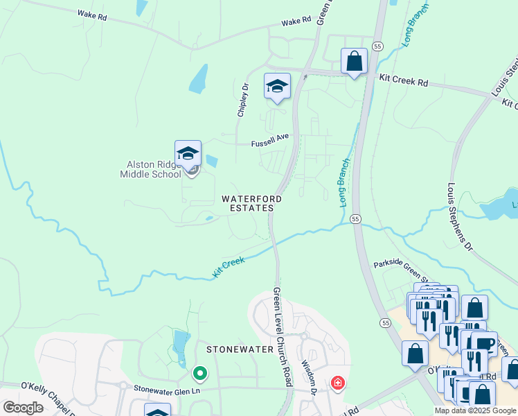 map of restaurants, bars, coffee shops, grocery stores, and more near 59 Winding Pine Trail in Cary