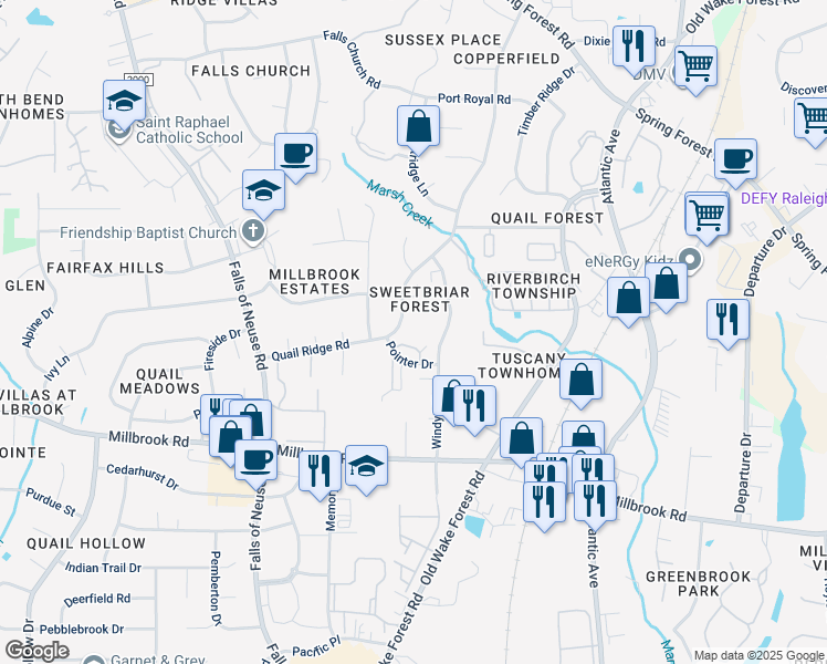 map of restaurants, bars, coffee shops, grocery stores, and more near 1710 Quail Ridge Road in Raleigh