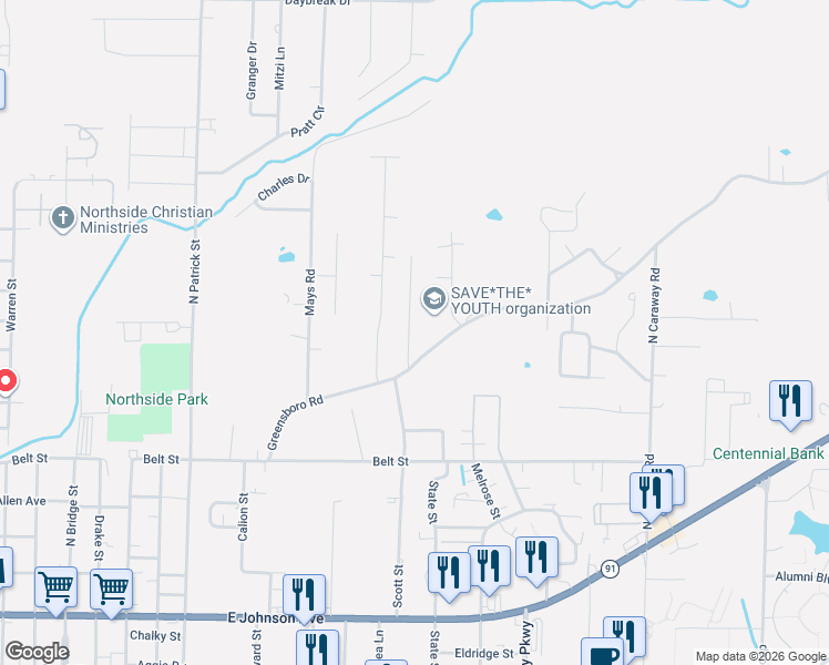 map of restaurants, bars, coffee shops, grocery stores, and more near 908 Scott Street in Jonesboro