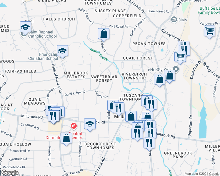 map of restaurants, bars, coffee shops, grocery stores, and more near 5114 Windy Hill Drive in Raleigh