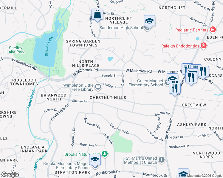 map of restaurants, bars, coffee shops, grocery stores, and more near 919 Collins Drive in Raleigh