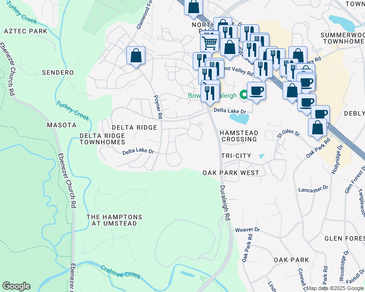 map of restaurants, bars, coffee shops, grocery stores, and more near 5631 Briar Oaks Lane in Raleigh