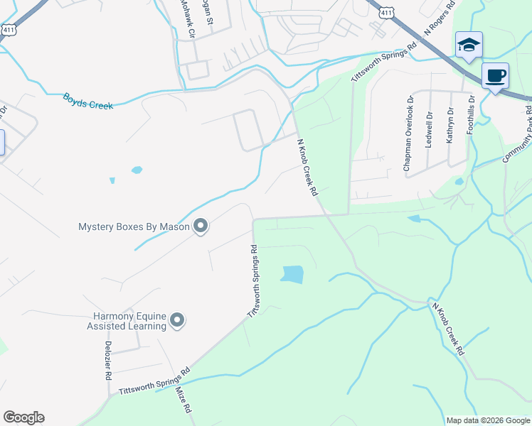 map of restaurants, bars, coffee shops, grocery stores, and more near 446 Tittsworth Springs Road in Seymour