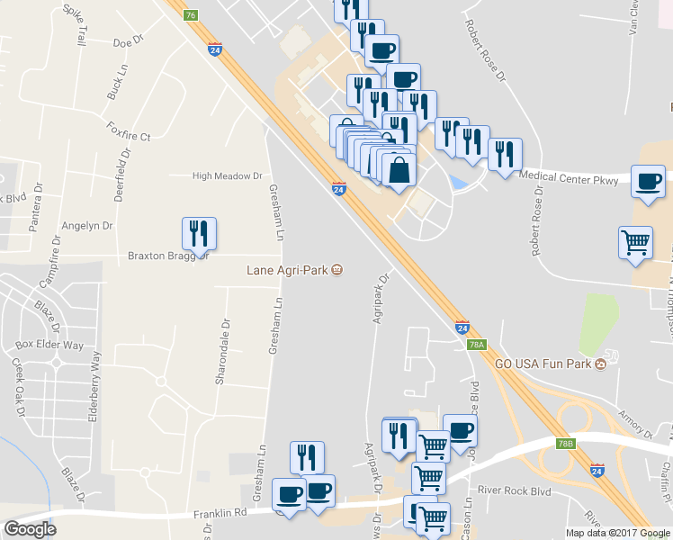 map of restaurants, bars, coffee shops, grocery stores, and more near in Murfreesboro