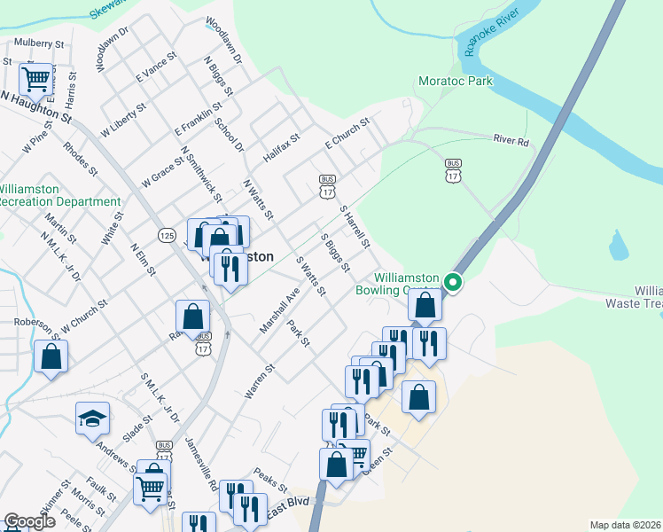 map of restaurants, bars, coffee shops, grocery stores, and more near 212 South Biggs Street in Williamston