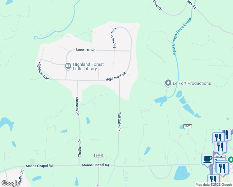 map of restaurants, bars, coffee shops, grocery stores, and more near 585 Tall Oaks Road in Chapel Hill