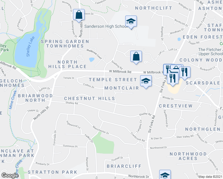 map of restaurants, bars, coffee shops, grocery stores, and more near 5223 Lansdowne Place in Raleigh