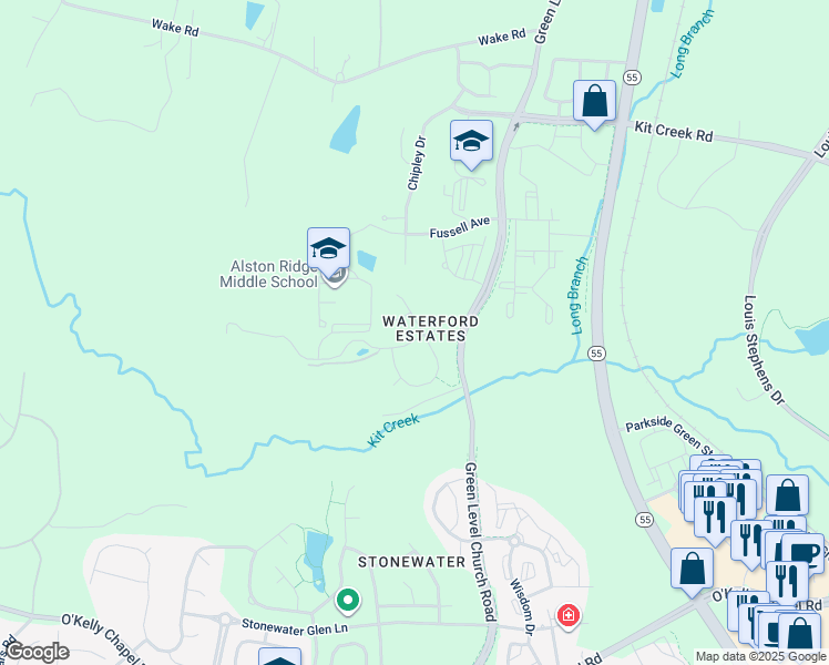 map of restaurants, bars, coffee shops, grocery stores, and more near 70 Winding Pine Trail in Cary