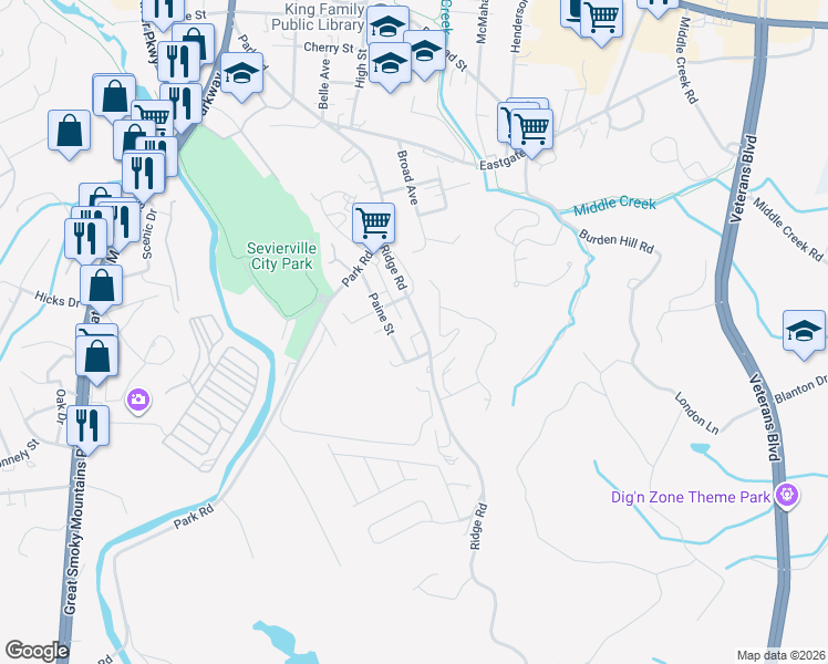 map of restaurants, bars, coffee shops, grocery stores, and more near 629 Ridge Road in Sevierville