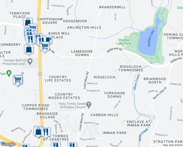 map of restaurants, bars, coffee shops, grocery stores, and more near 5404 Old Towne Road in Raleigh