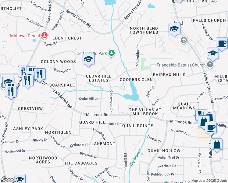 map of restaurants, bars, coffee shops, grocery stores, and more near 512 Pine Ridge Place in Raleigh