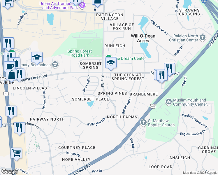 map of restaurants, bars, coffee shops, grocery stores, and more near 4812 Tolley Court in Raleigh