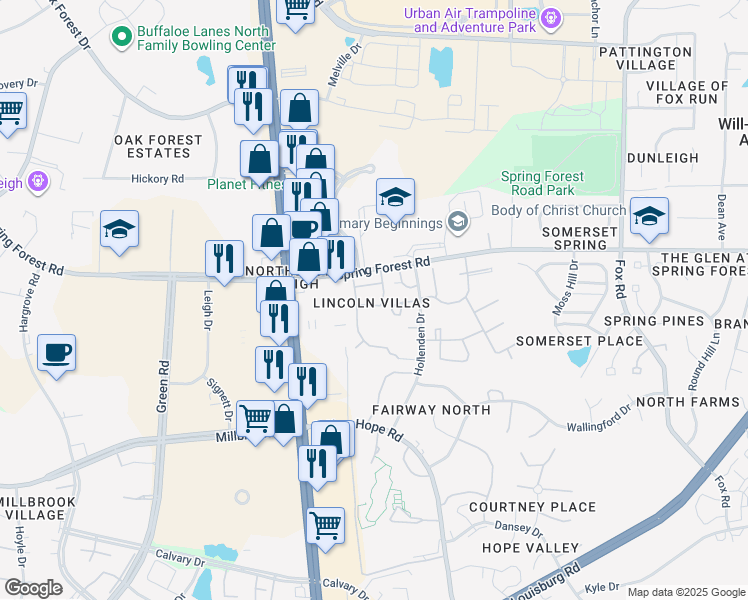 map of restaurants, bars, coffee shops, grocery stores, and more near 3709 San Pablo Drive in Raleigh