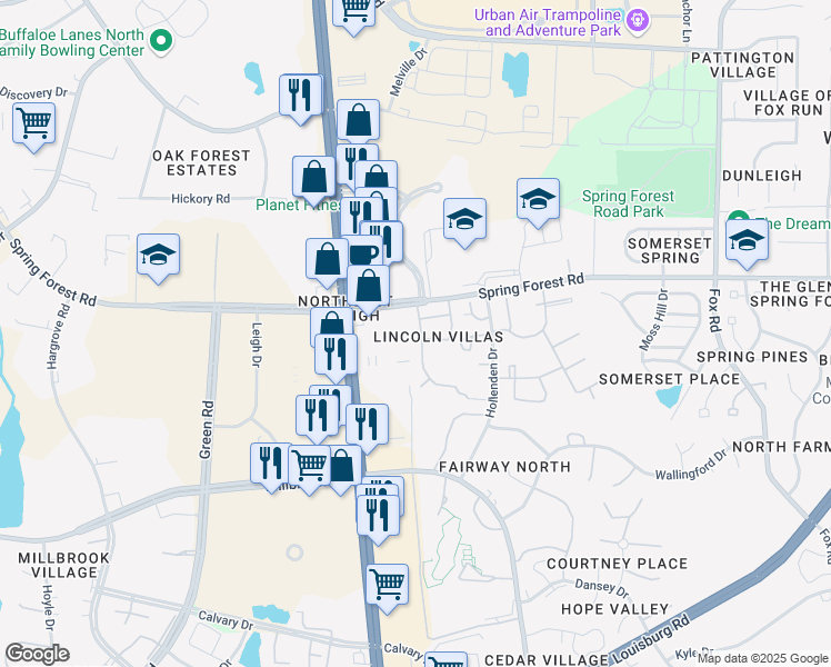 map of restaurants, bars, coffee shops, grocery stores, and more near 3618 Spring Forest Road in Raleigh