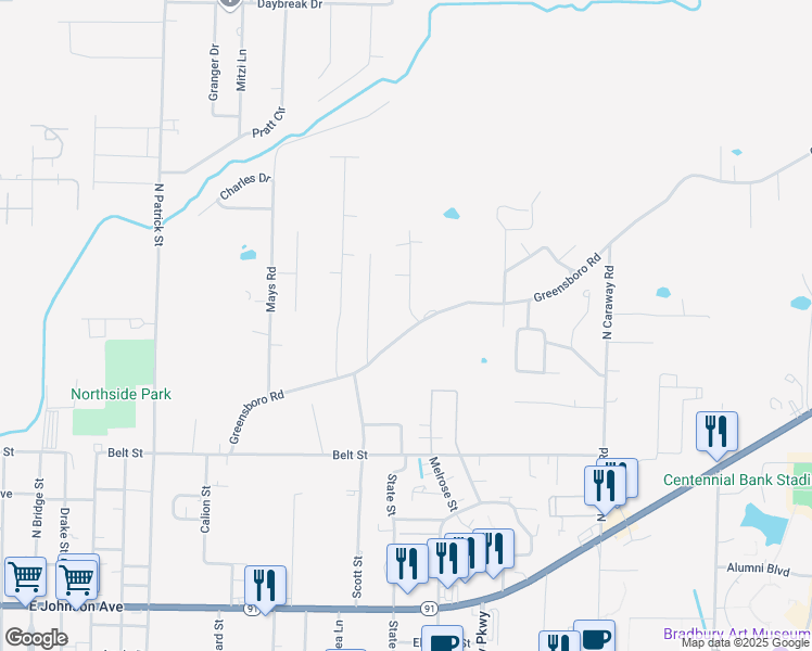 map of restaurants, bars, coffee shops, grocery stores, and more near 1823 Greensboro Road in Jonesboro