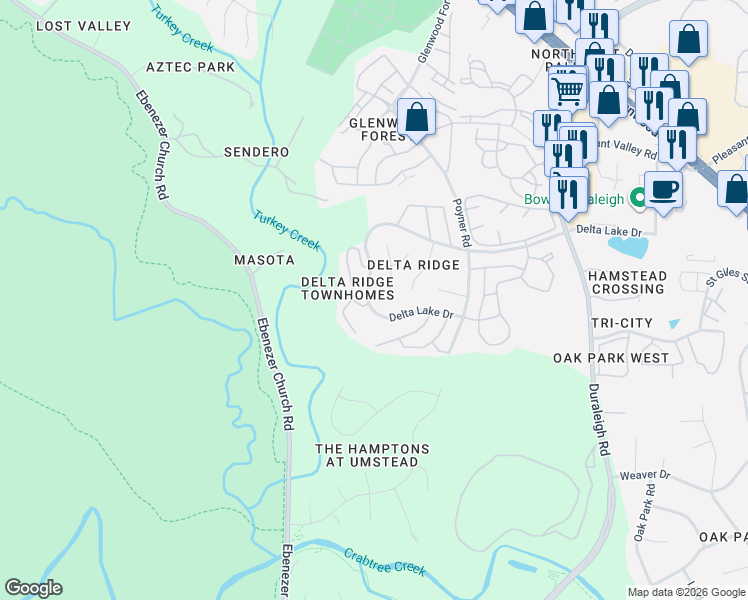map of restaurants, bars, coffee shops, grocery stores, and more near 5509 Creekdale Circle in Raleigh