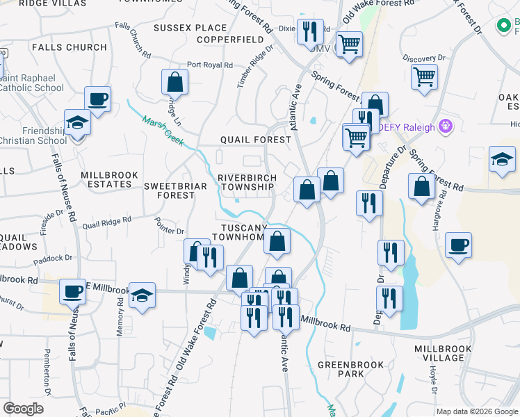 map of restaurants, bars, coffee shops, grocery stores, and more near 5401 Old Wake Forest Road in Raleigh