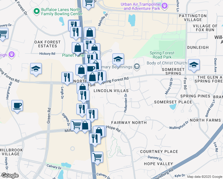 map of restaurants, bars, coffee shops, grocery stores, and more near 3709 San Pablo Drive in Raleigh