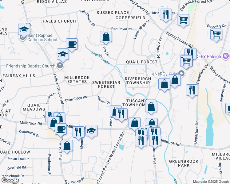 map of restaurants, bars, coffee shops, grocery stores, and more near 5114 Windy Hill Drive in Raleigh