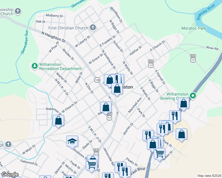 map of restaurants, bars, coffee shops, grocery stores, and more near 208 West Main Street in Williamston