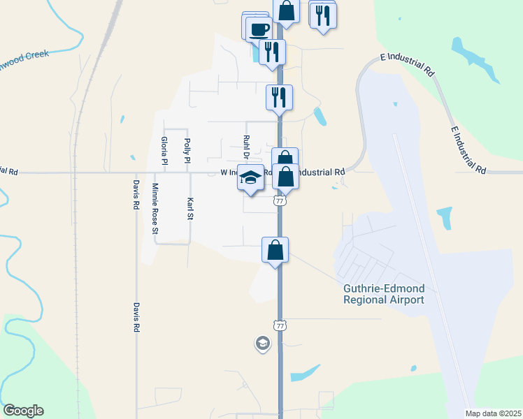 map of restaurants, bars, coffee shops, grocery stores, and more near 2401 South Division Street in Guthrie