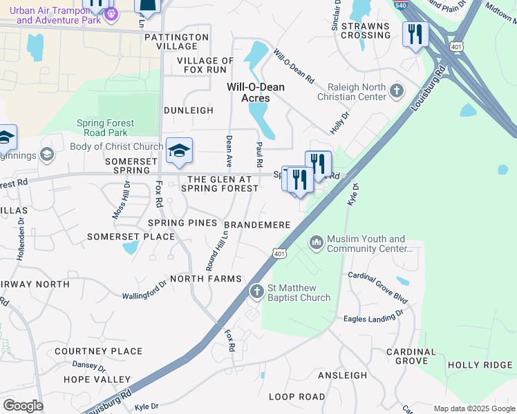 map of restaurants, bars, coffee shops, grocery stores, and more near 5525 Silver Ash Drive in Raleigh
