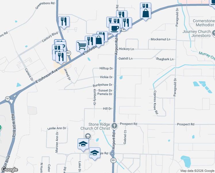 map of restaurants, bars, coffee shops, grocery stores, and more near 3907 Burdyshaw Drive in Jonesboro