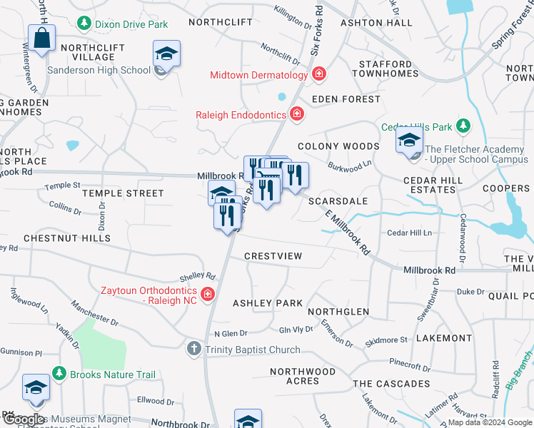 map of restaurants, bars, coffee shops, grocery stores, and more near 5416 Six Forks Road in Raleigh