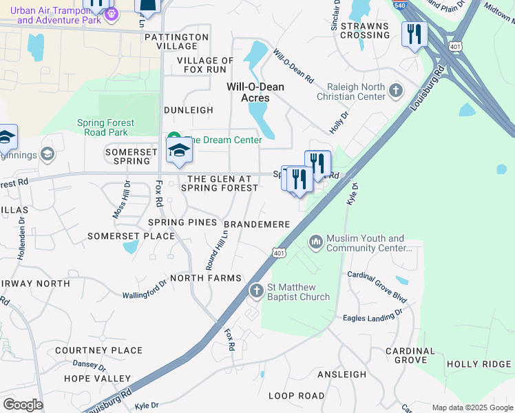 map of restaurants, bars, coffee shops, grocery stores, and more near 5525 Silver Ash Drive in Raleigh