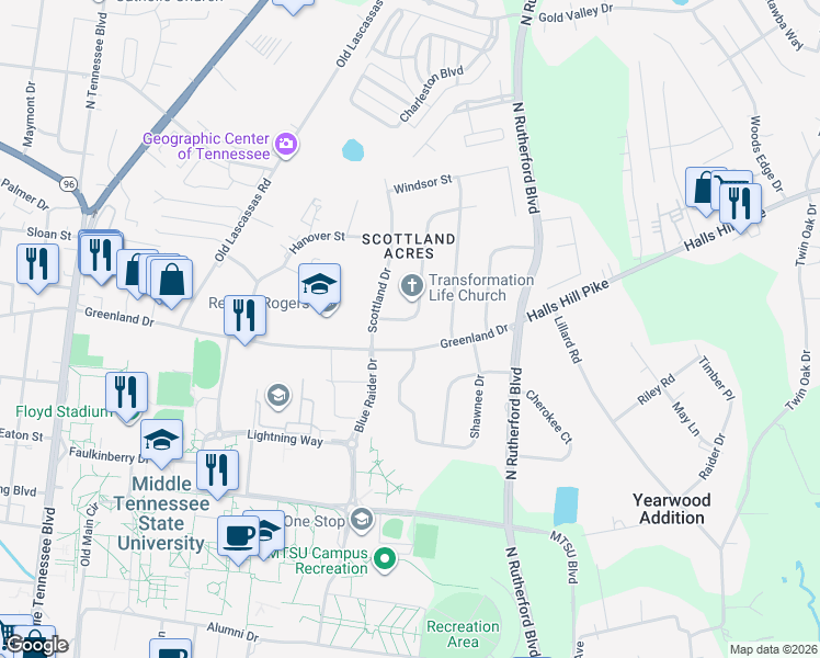 map of restaurants, bars, coffee shops, grocery stores, and more near 916 Whitehall Road in Murfreesboro