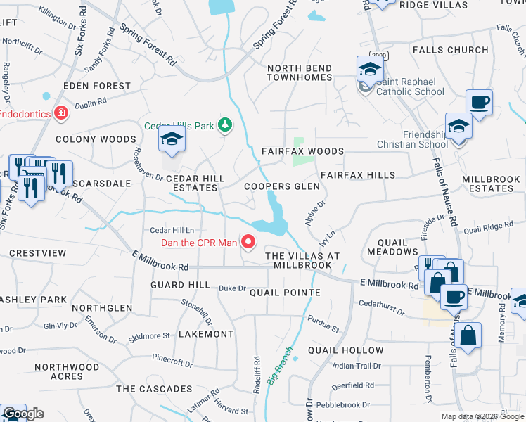 map of restaurants, bars, coffee shops, grocery stores, and more near 614 Pine Ridge Place in Raleigh