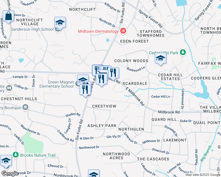 map of restaurants, bars, coffee shops, grocery stores, and more near 5447 Tralee Place in Raleigh