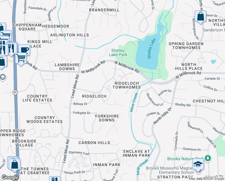 map of restaurants, bars, coffee shops, grocery stores, and more near 5438 Pine Top Circle in Raleigh