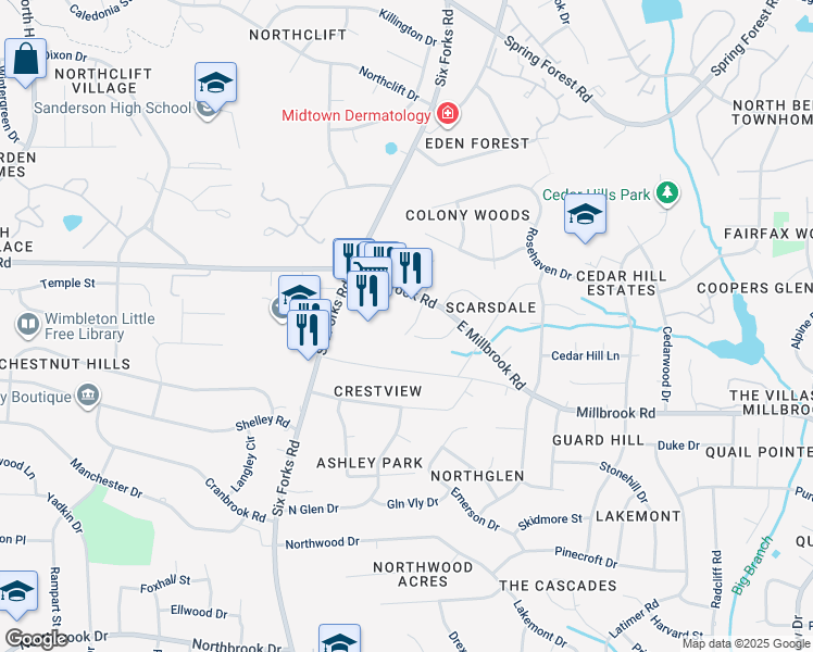 map of restaurants, bars, coffee shops, grocery stores, and more near 5447 Tralee Place in Raleigh
