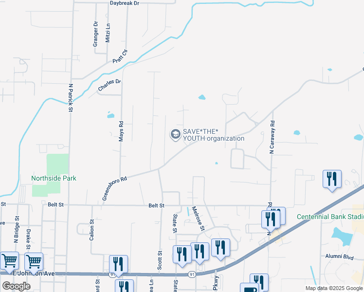 map of restaurants, bars, coffee shops, grocery stores, and more near 1101 Mays Lane in Jonesboro