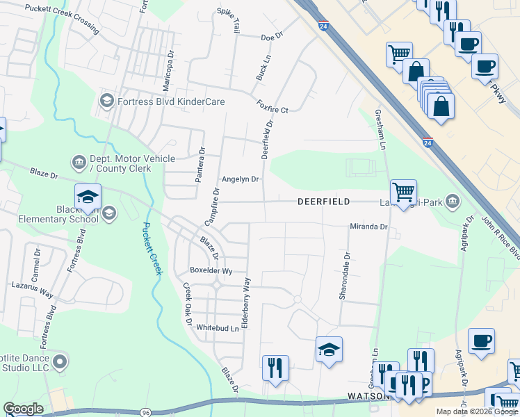 map of restaurants, bars, coffee shops, grocery stores, and more near 2503 Braxton Bragg Drive in Murfreesboro