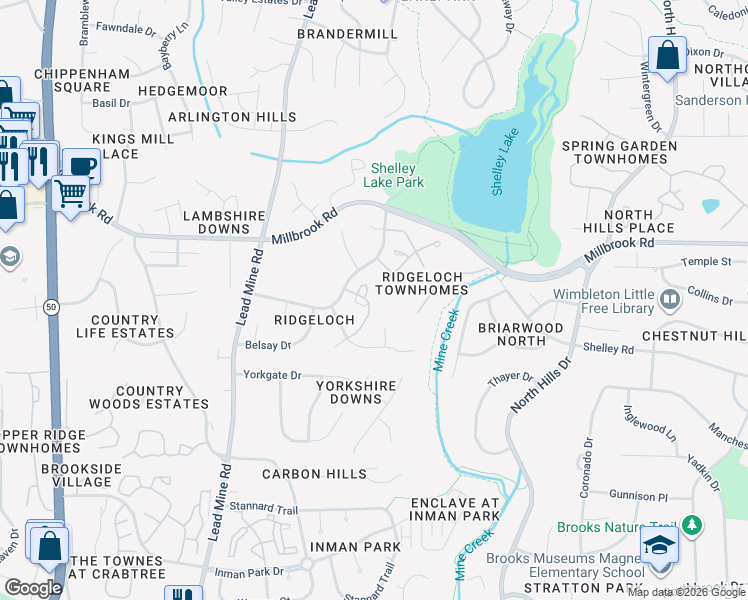 map of restaurants, bars, coffee shops, grocery stores, and more near 5438 Pine Top Circle in Raleigh