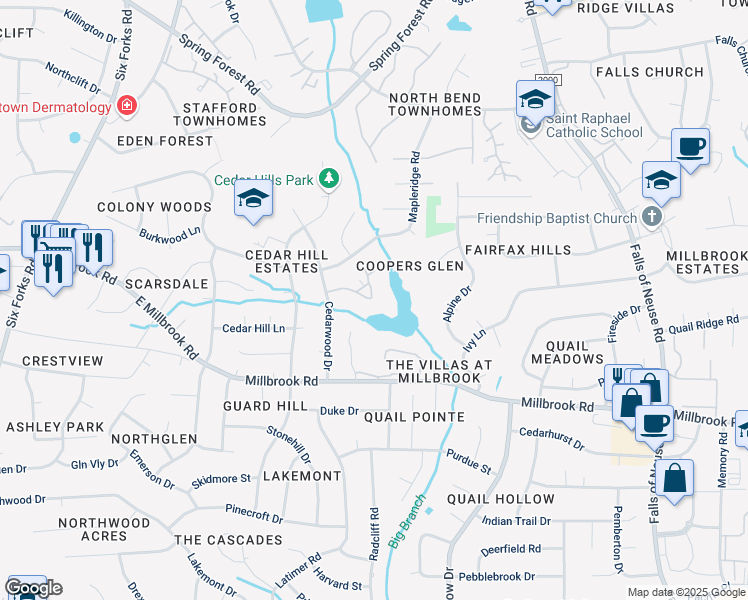 map of restaurants, bars, coffee shops, grocery stores, and more near 614 Pine Ridge Place in Raleigh