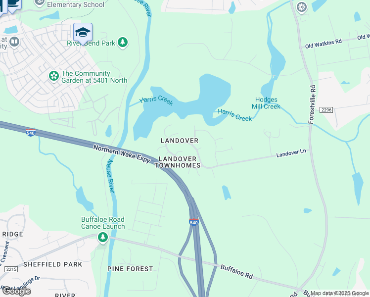 map of restaurants, bars, coffee shops, grocery stores, and more near 4604 Landover Woods Lane in Raleigh