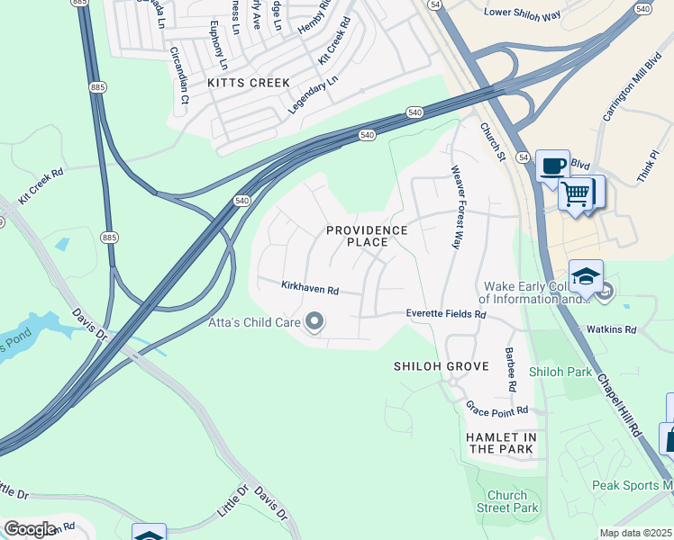 map of restaurants, bars, coffee shops, grocery stores, and more near 3025 Homebrook Lane in Morrisville