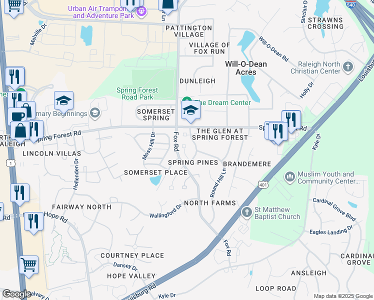 map of restaurants, bars, coffee shops, grocery stores, and more near 4820 Tolley Court in Raleigh